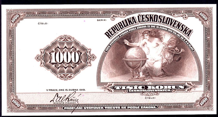 Czechoslovakia, P-15.4s2, 1919 ABNC Specimen 1000 Korun